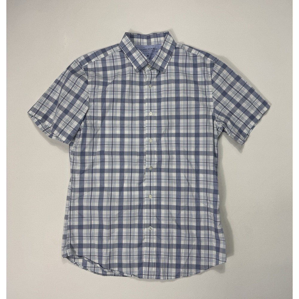 Banana Republic Grant Slim Fit Luxe Stretch Poplin Mens Medium Blue Plaid Shirt